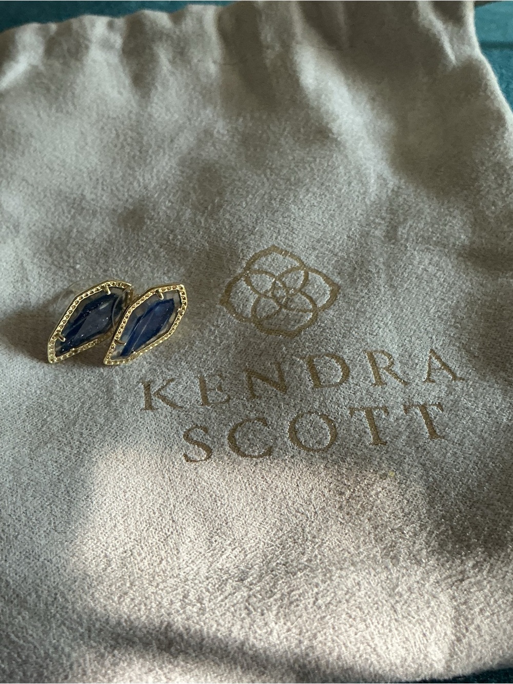 Kendra Scott Blue Stone Gold Tone Marquise Stud Earrings + Pouch
